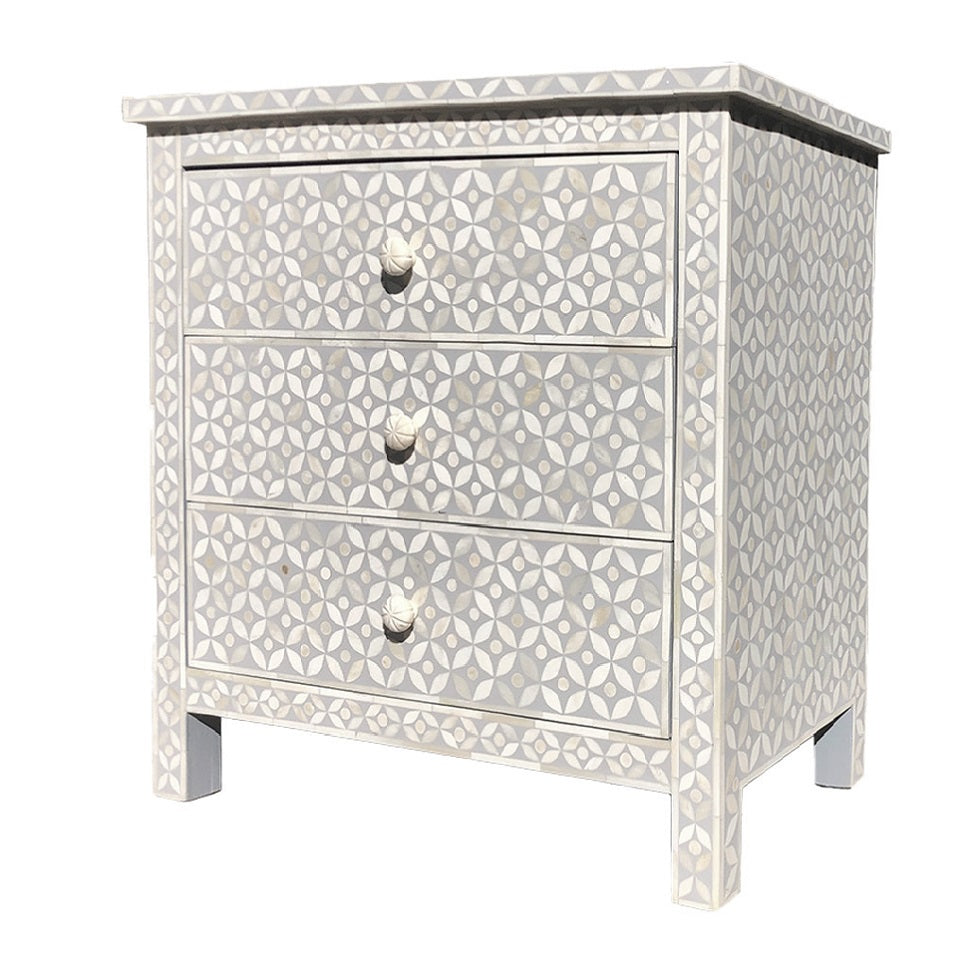Bone Inlay Wide 3 Drawer Bedside Chest in Celtic Grey - Warehouse Sale