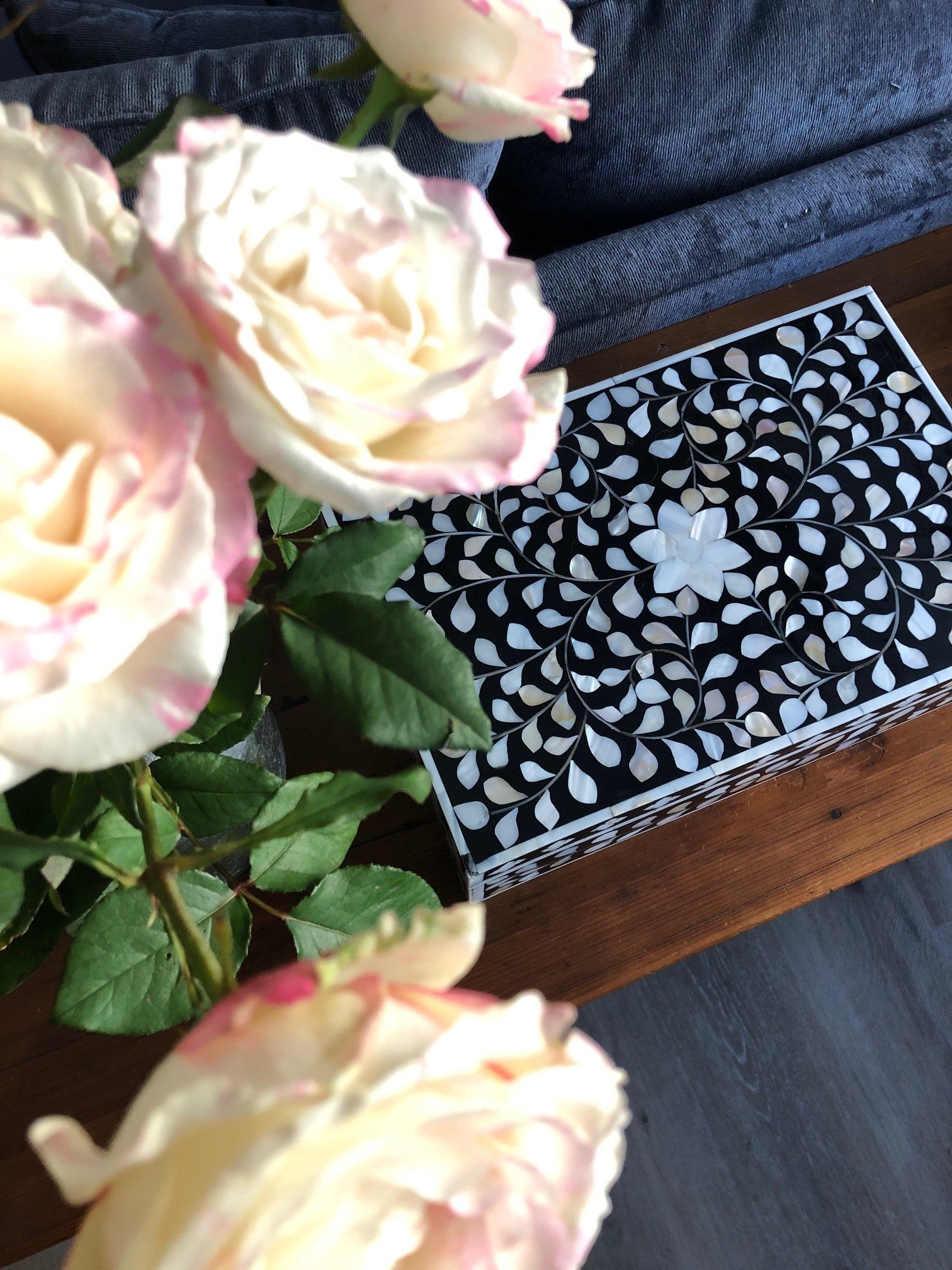 Zohi Interiors Signature Collection : Mother of Pearl Inlay Large Box in Floral/Grey