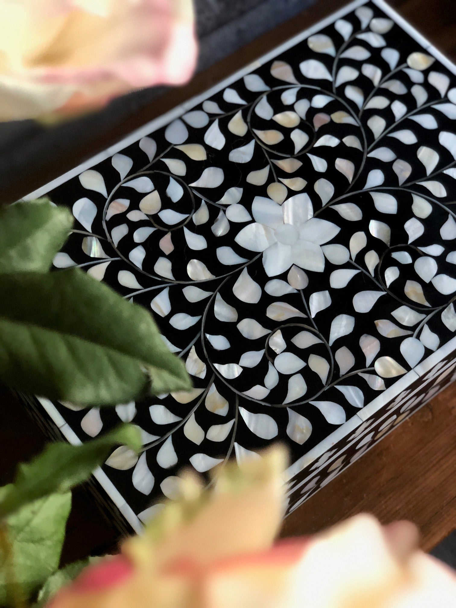 Zohi Interiors Signature Collection : Mother of Pearl Inlay Large Box in Floral/Grey