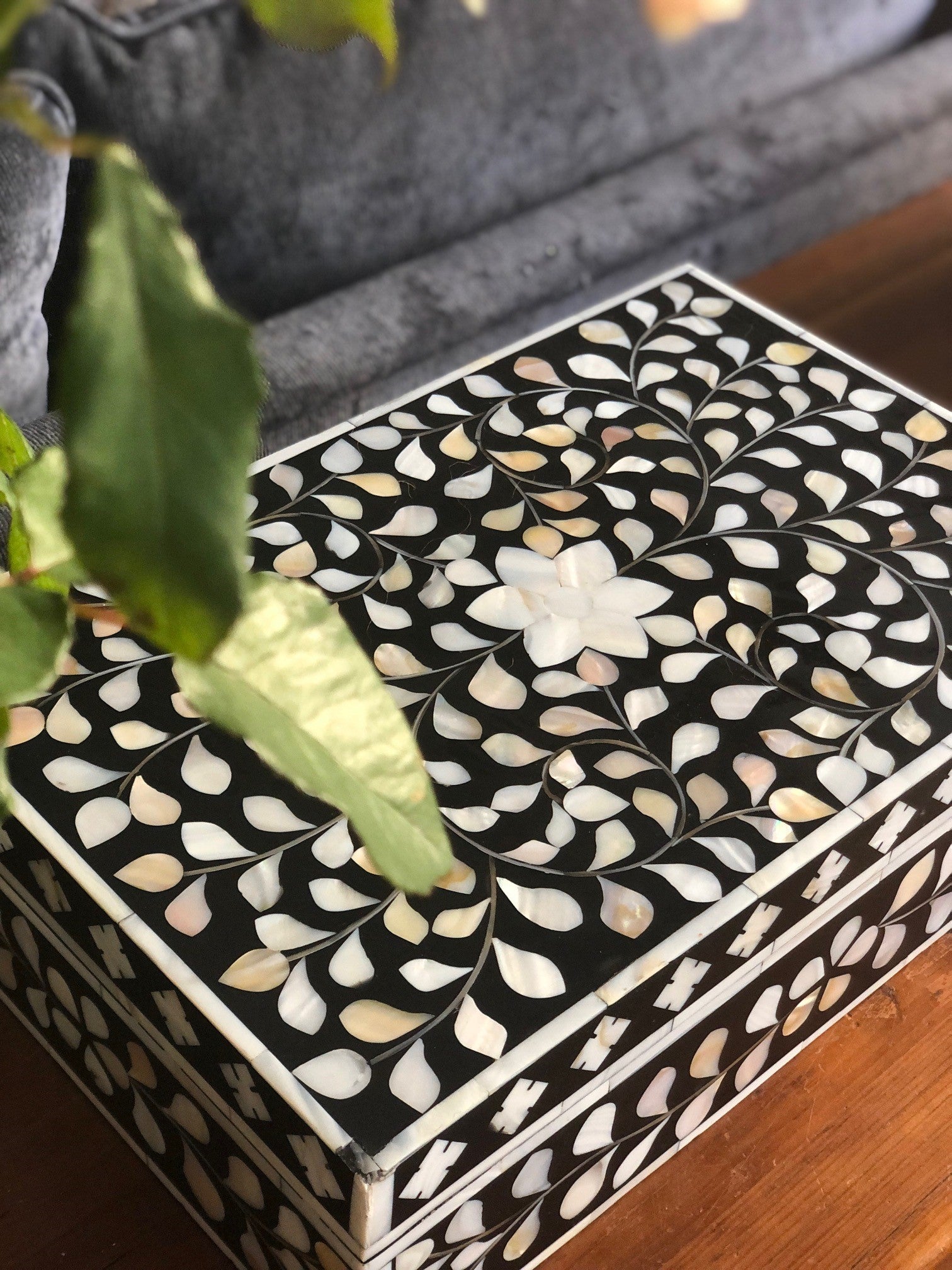 Zohi Interiors Signature Collection : Mother of Pearl Inlay Large Box in Floral/Grey
