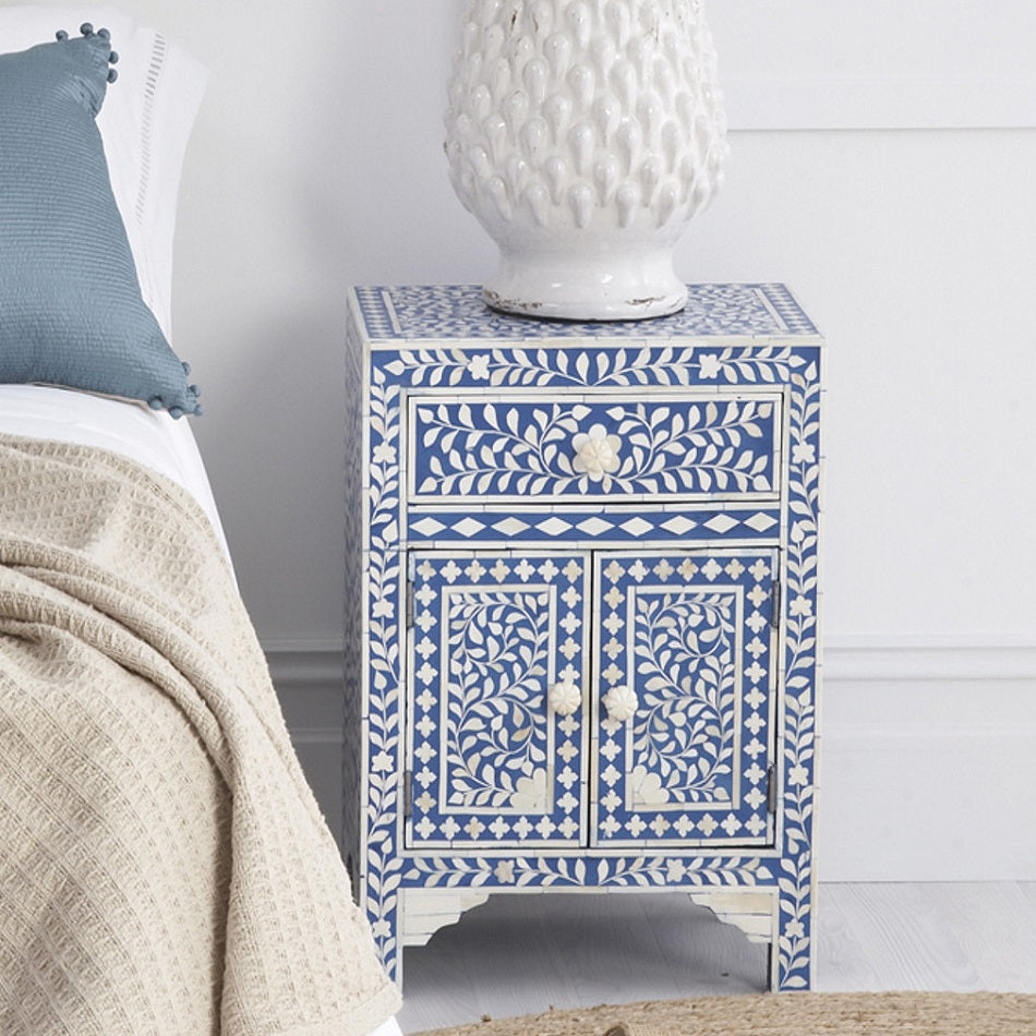 Bone Inlay Bedside Cabinet in Indigo