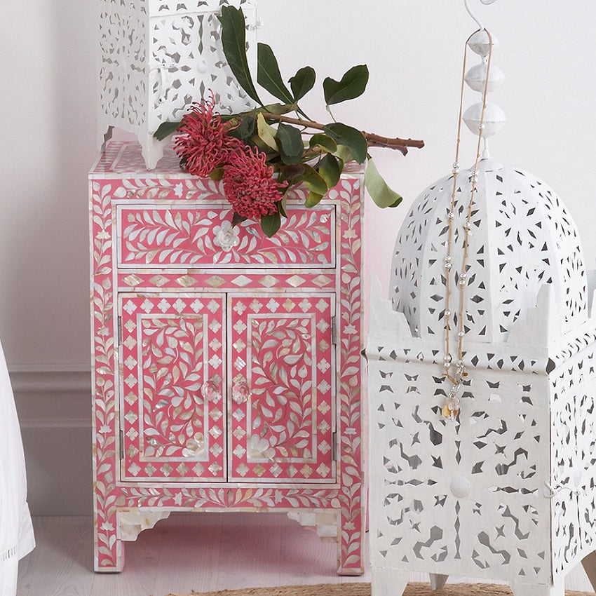 Mother of Pearl Inlay Bedside Cabinet in Strawberry