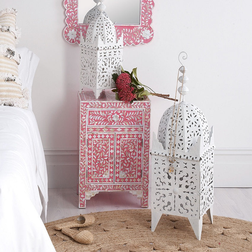 Mother of Pearl Inlay Bedside Cabinet in Strawberry