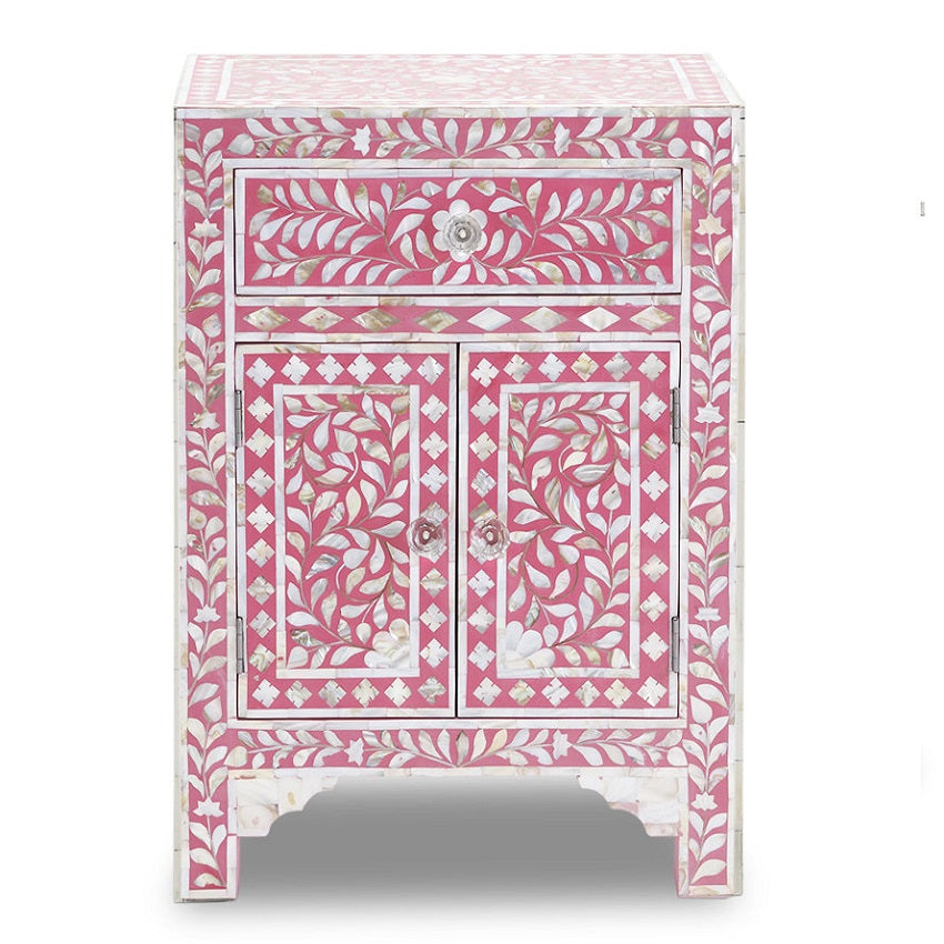 Mother of Pearl Inlay Bedside Cabinet in Strawberry
