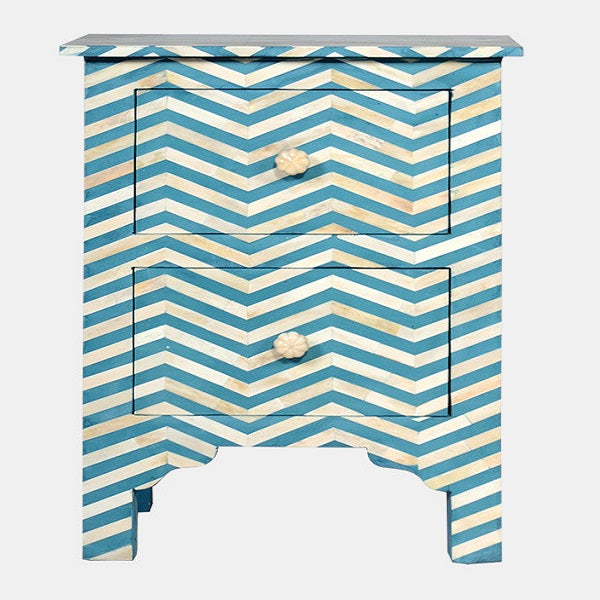 Bone Inlay Small 2 Drawer Bedside Chest in Chevron Blue