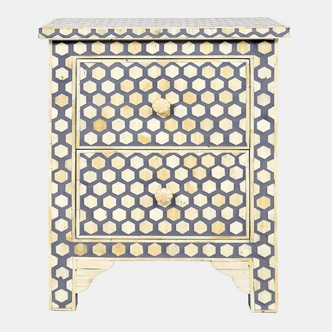 Bone Inlay Small 2 Drawer Bedside Chest in Honeycomb Grey