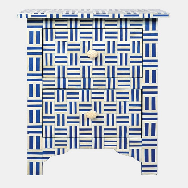 Bone Inlay Small 2 Drawer Bedside Chest in Weave Marine Blue