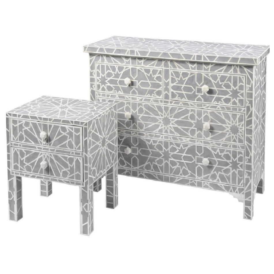 Bone Inlay 2 Drawer Bedside Table in Star Grey