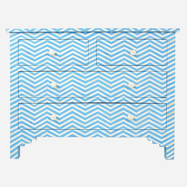 Bone Inlay 4 Drawer Chest in Chevron Coastal Blue