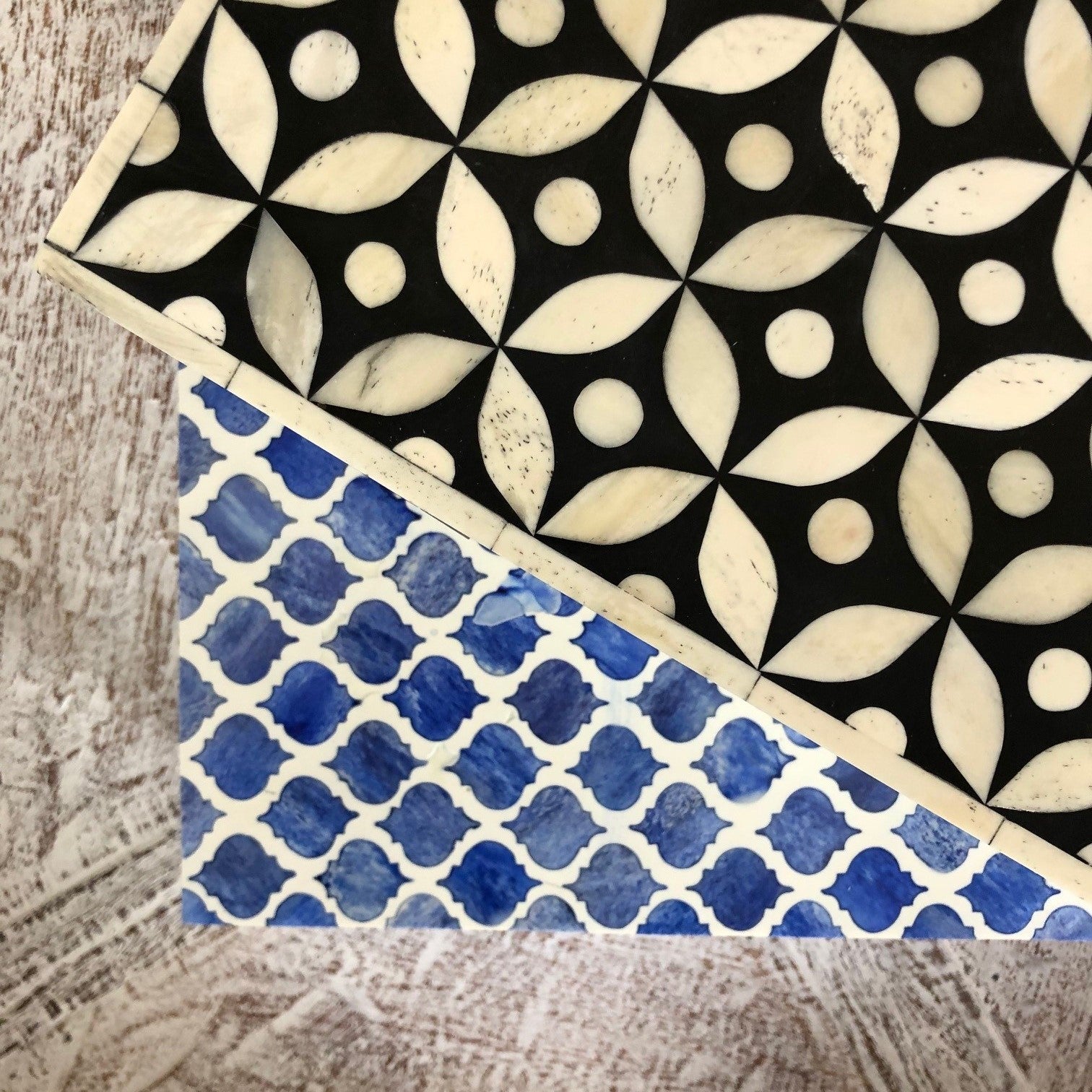 Zohi Interiors Signature Collection : Bone Inlay Box in Quatrefoil/Blue