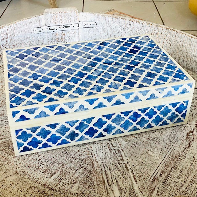 Zohi Interiors Signature Collection : Bone Inlay Box in Quatrefoil/Blue