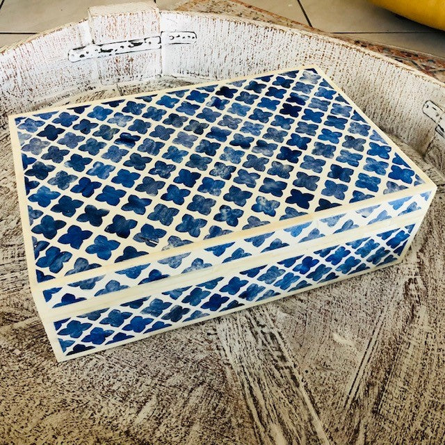 Zohi Interiors Signature Collection : Bone Inlay Box in Quatrefoil/Blue