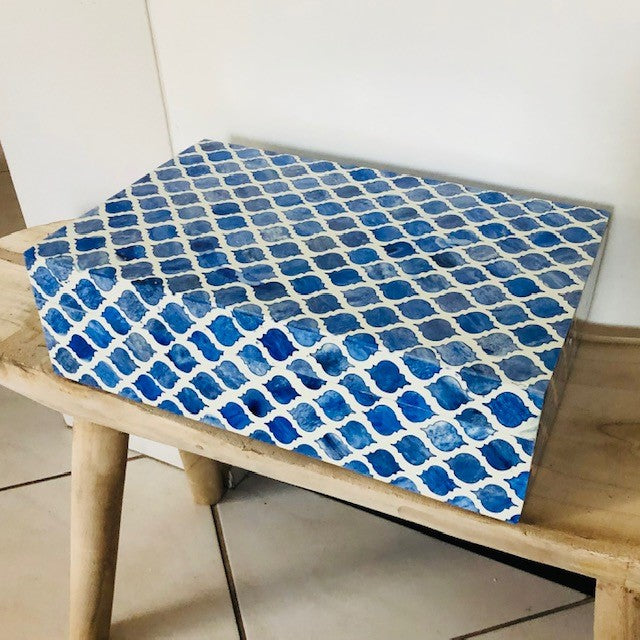 Zohi Interiors Signature Collection : Bone Inlay Box in Quatrefoil/Blue
