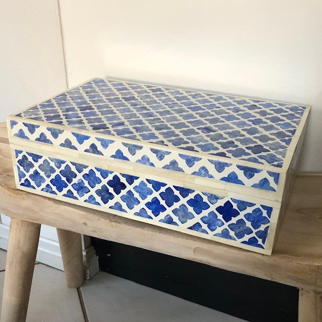 Zohi Interiors Signature Collection : Bone Inlay Box in Quatrefoil/Blue