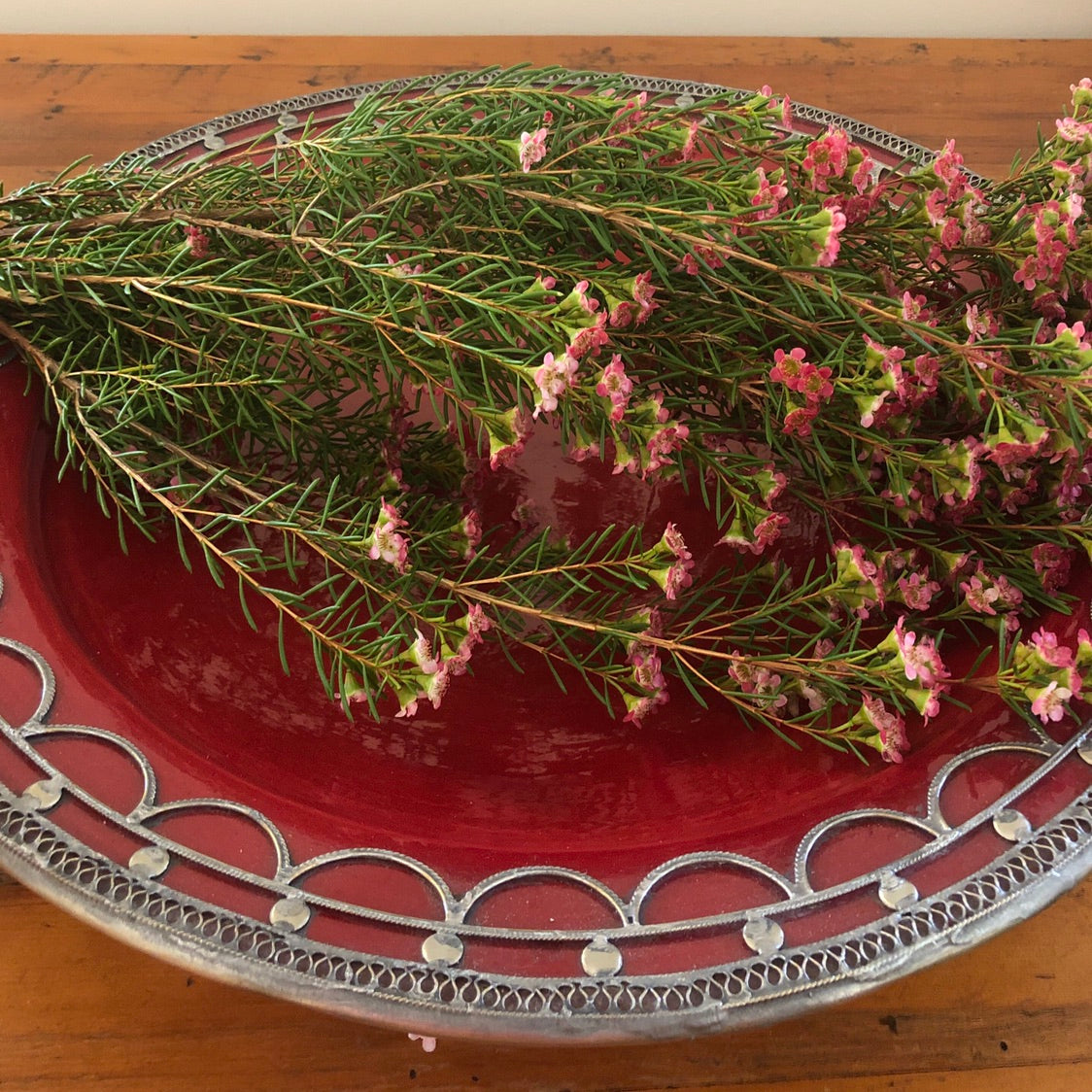 Safi Large Shallow Bowl with Silver Nickel Embellishments in Red