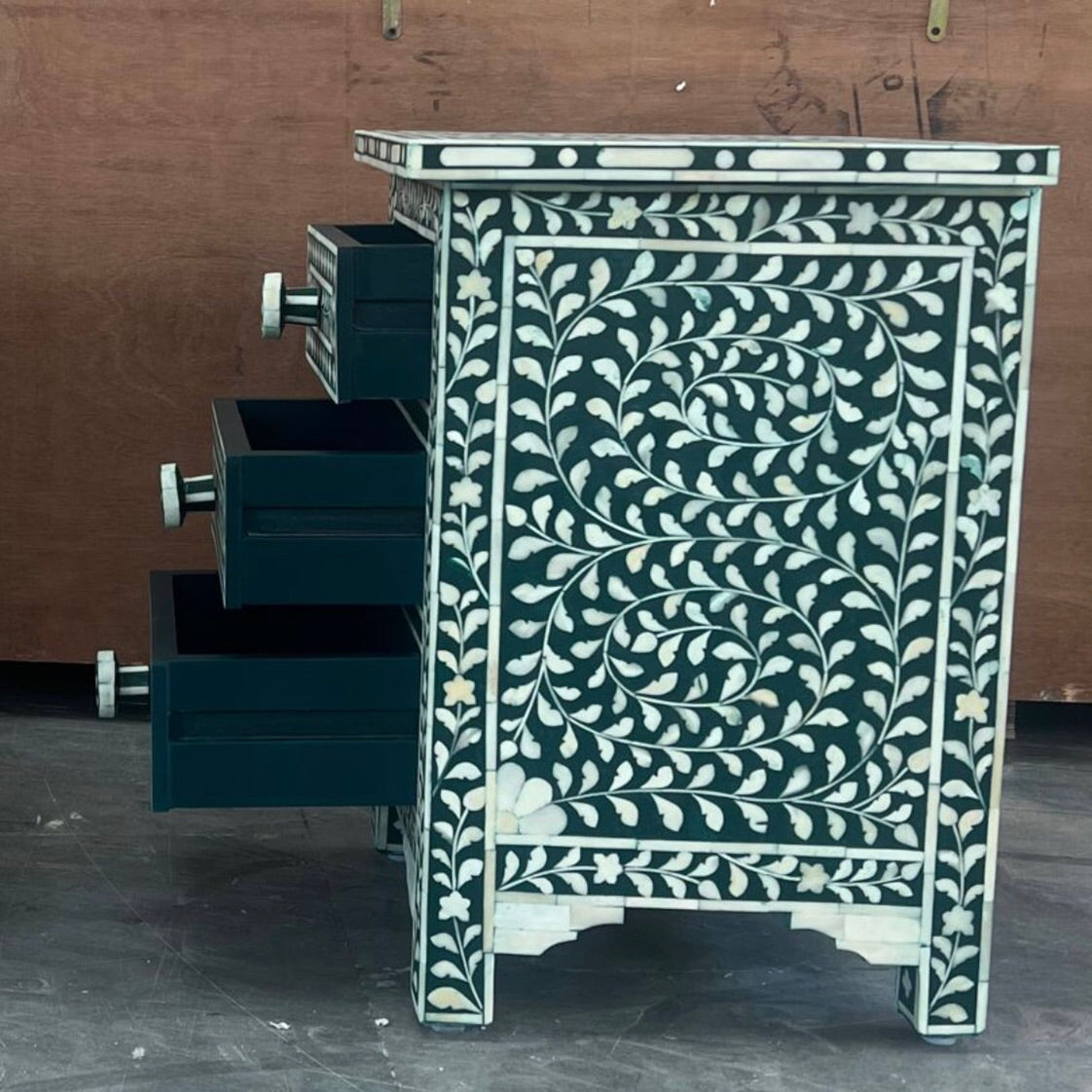 Bone Inlay 3 Drawer Bedside Chest in White
