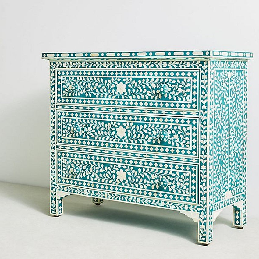 Bone Inlay Celtic Pattern 4 Drawer Chest in Black