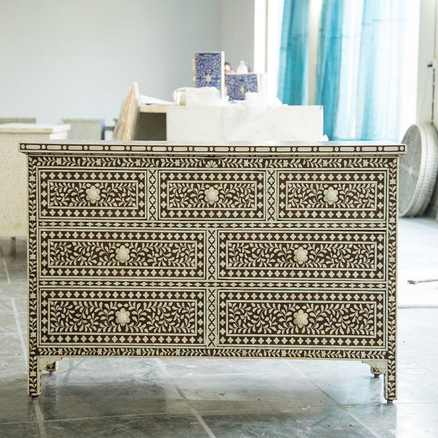 Bone Inlay Chest with 7 Drawers in Teal