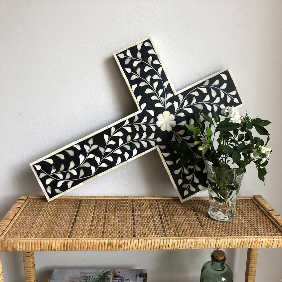 Bone Inlay Quatrefoil Design Cross