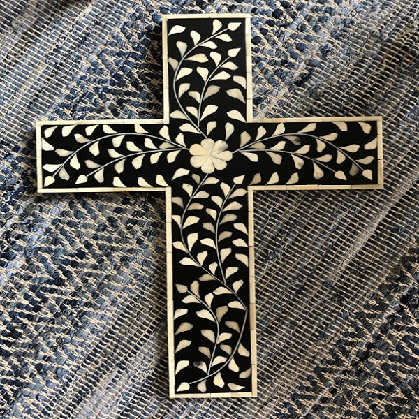 Bone Inlay Quatrefoil Design Cross