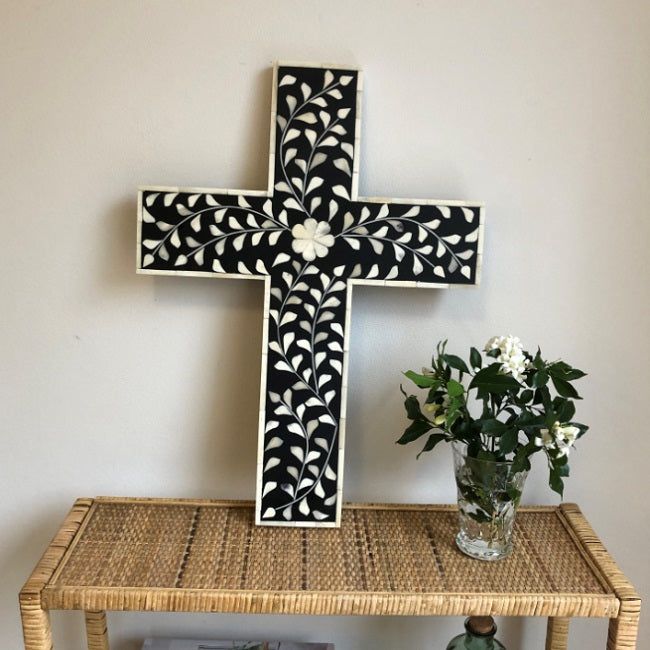Bone Inlay Quatrefoil Design Cross