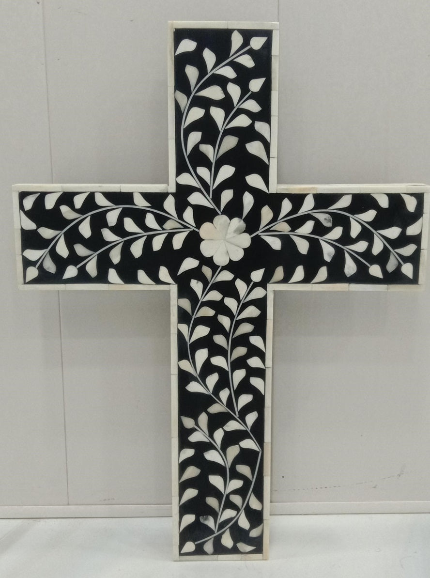 Bone Inlay Quatrefoil Design Cross