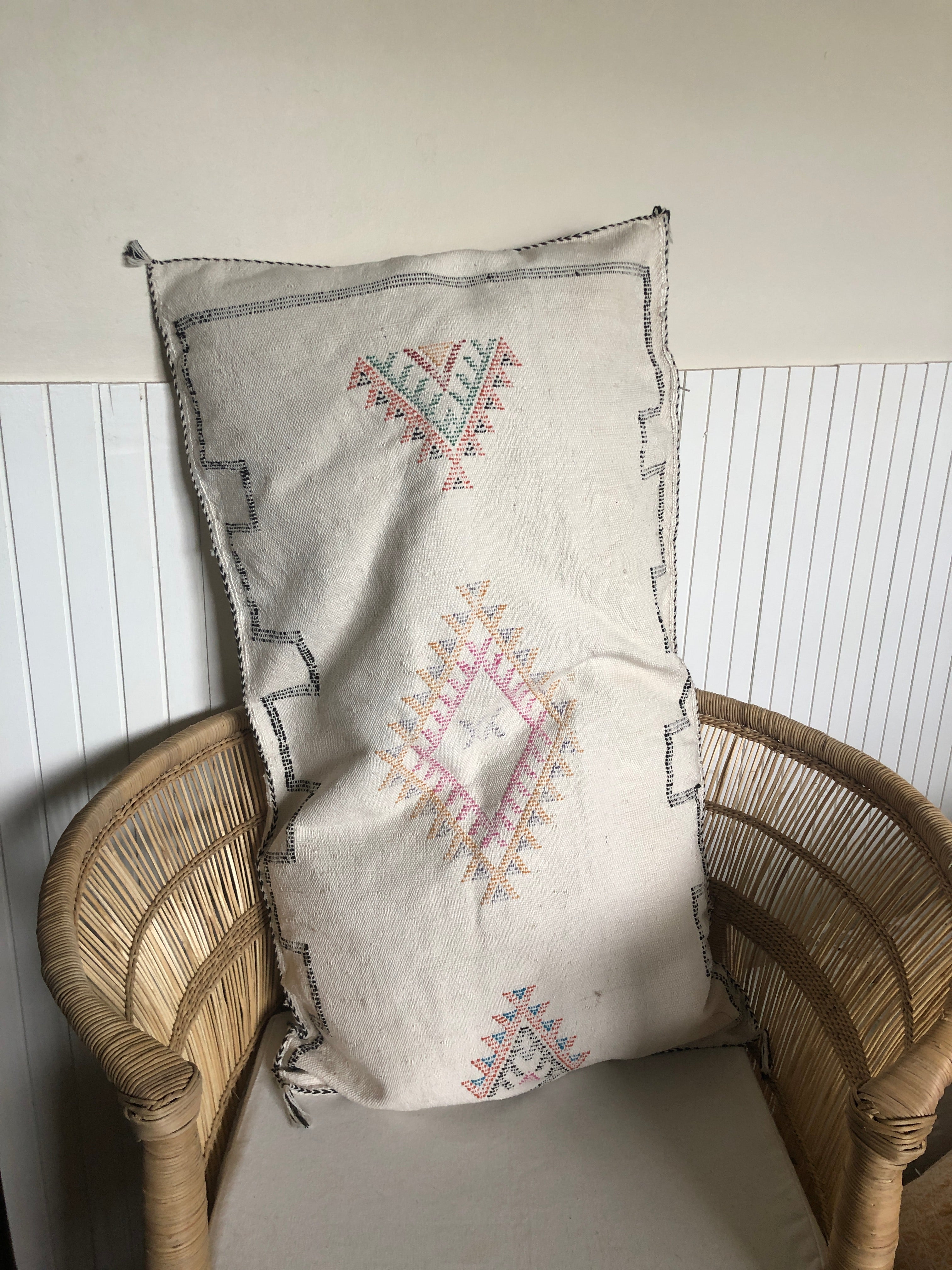 Genuine Moroccan Cactus Silk Large Lumbar Pillow in White