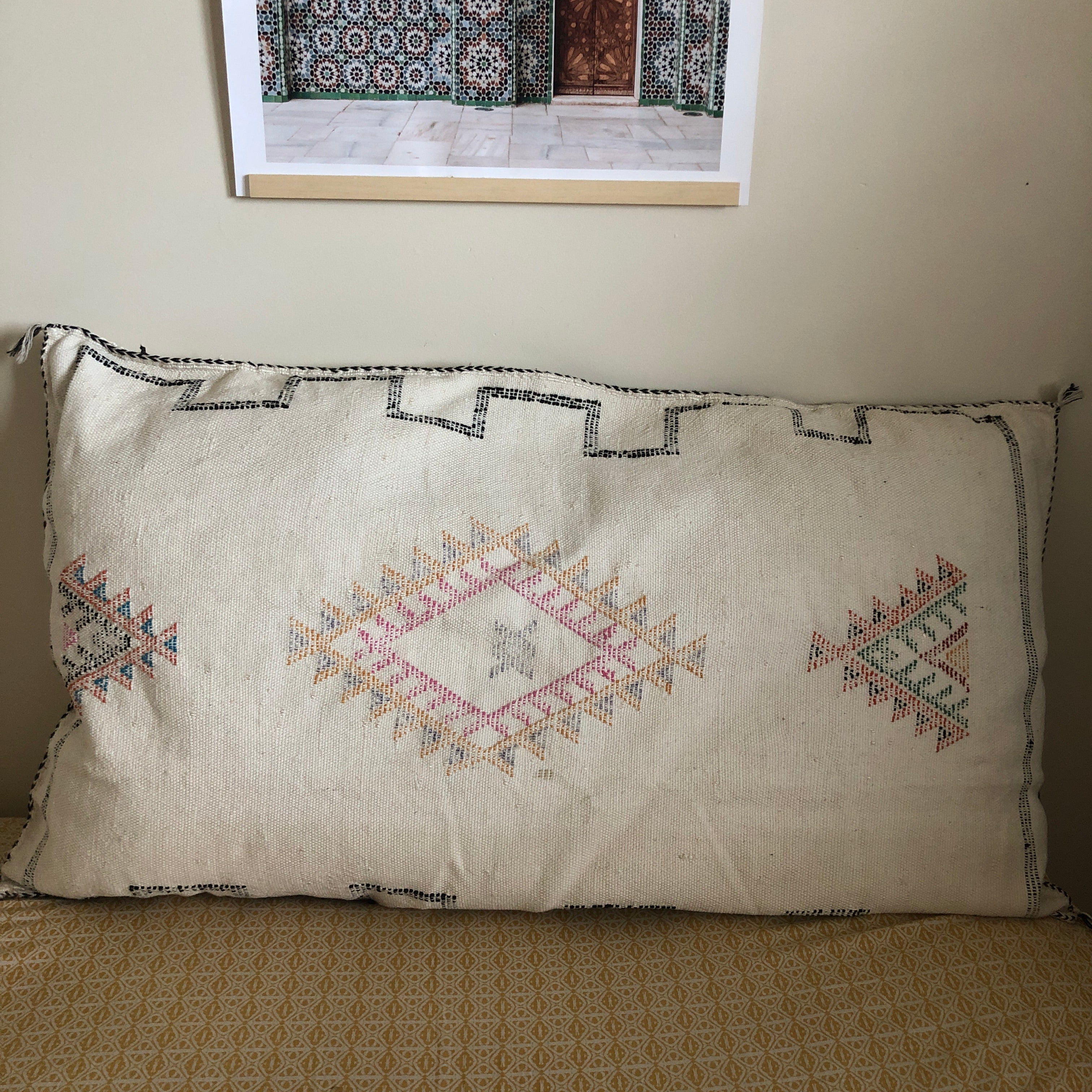 Genuine Moroccan Cactus Silk Large Lumbar Pillow in White
