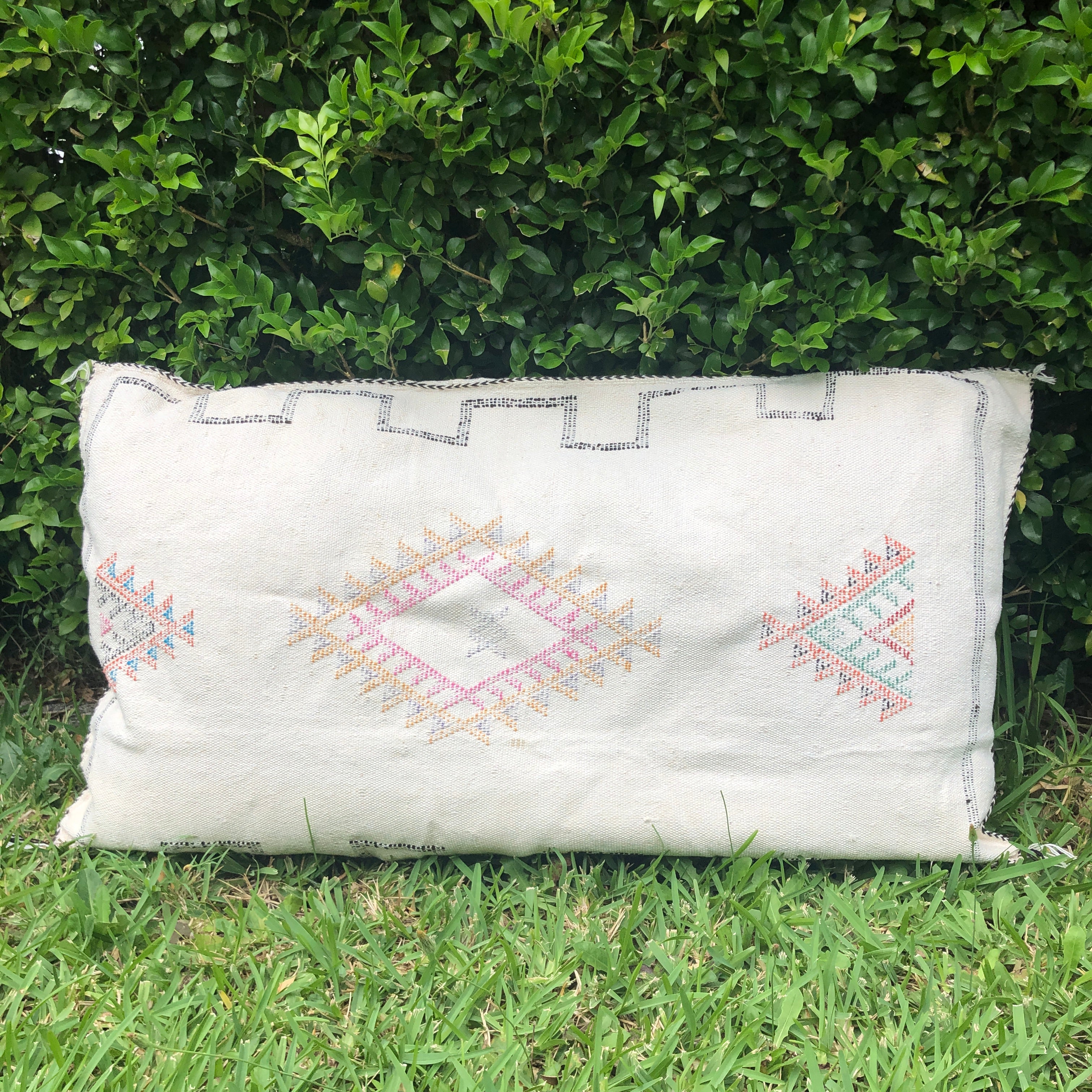 Genuine Moroccan Cactus Silk Large Lumbar Pillow in White