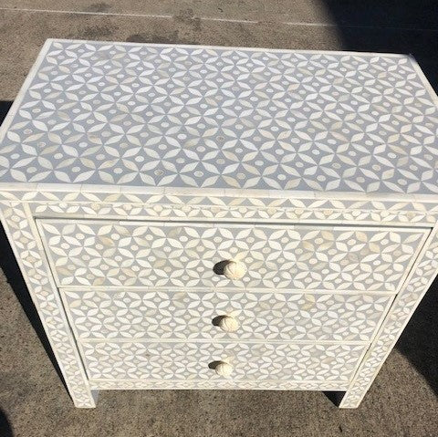 Bone Inlay Wide 3 Drawer Bedside Chest in Celtic Grey - Warehouse Sale