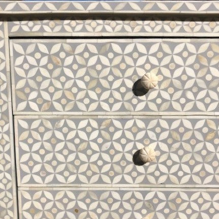 Bone Inlay Wide 3 Drawer Bedside Chest in Celtic Grey - Warehouse Sale