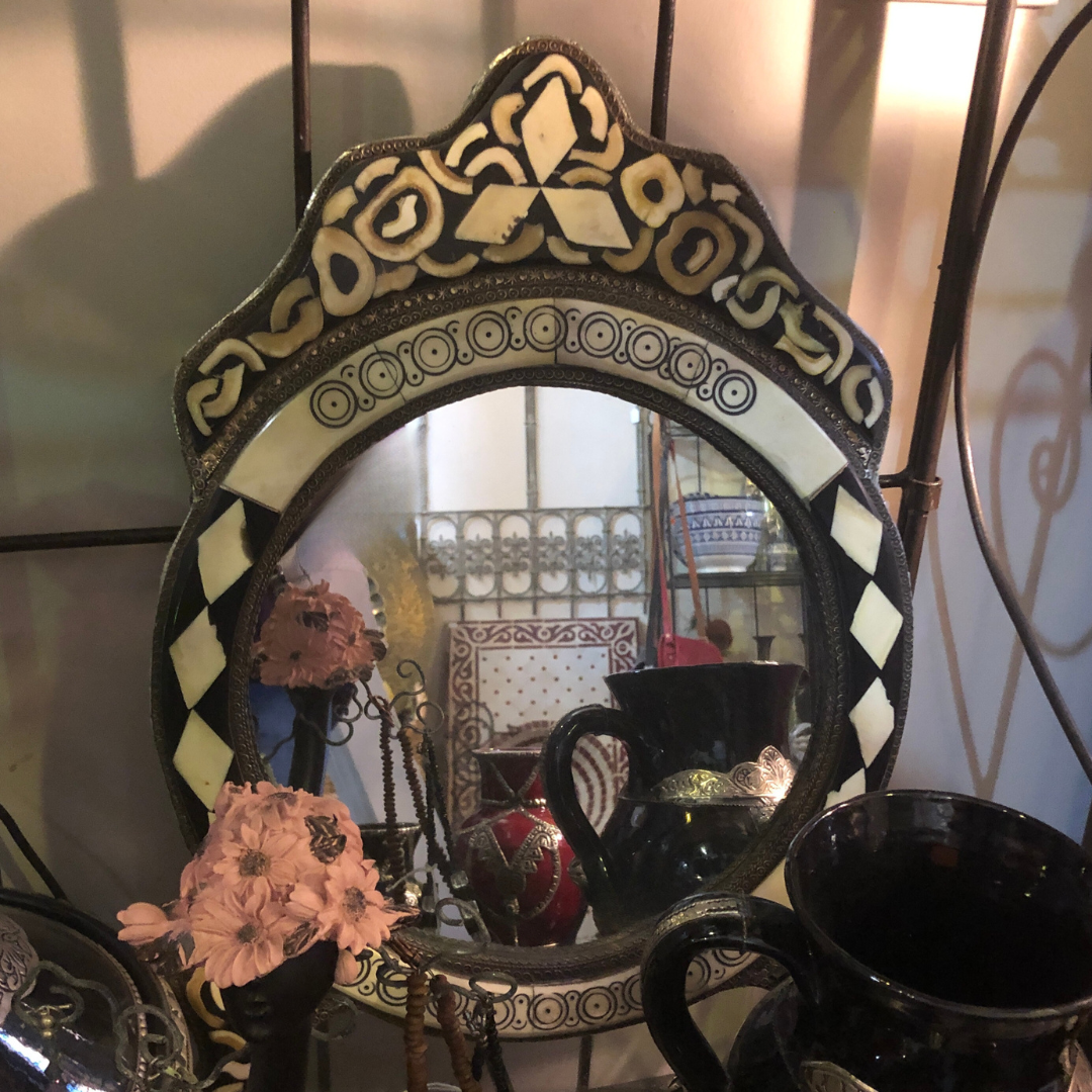 Small Moroccan Crested Mirror with Bone Inlay
