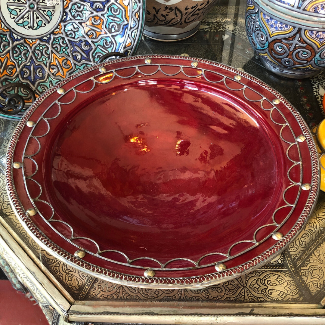 Safi Large Shallow Bowl with Silver Nickel Embellishments in Red