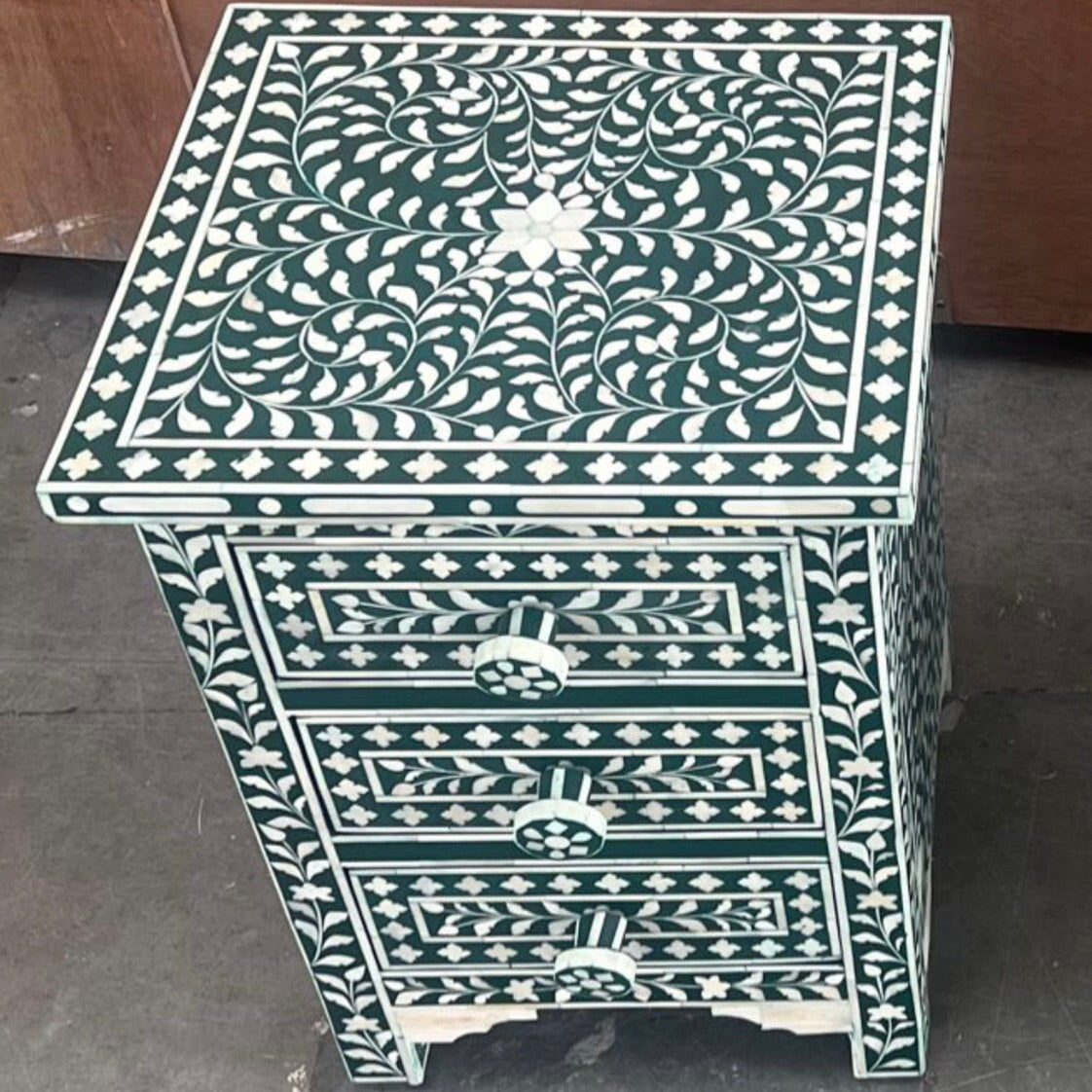 Bone Inlay 3 Drawer Bedside Chest in White