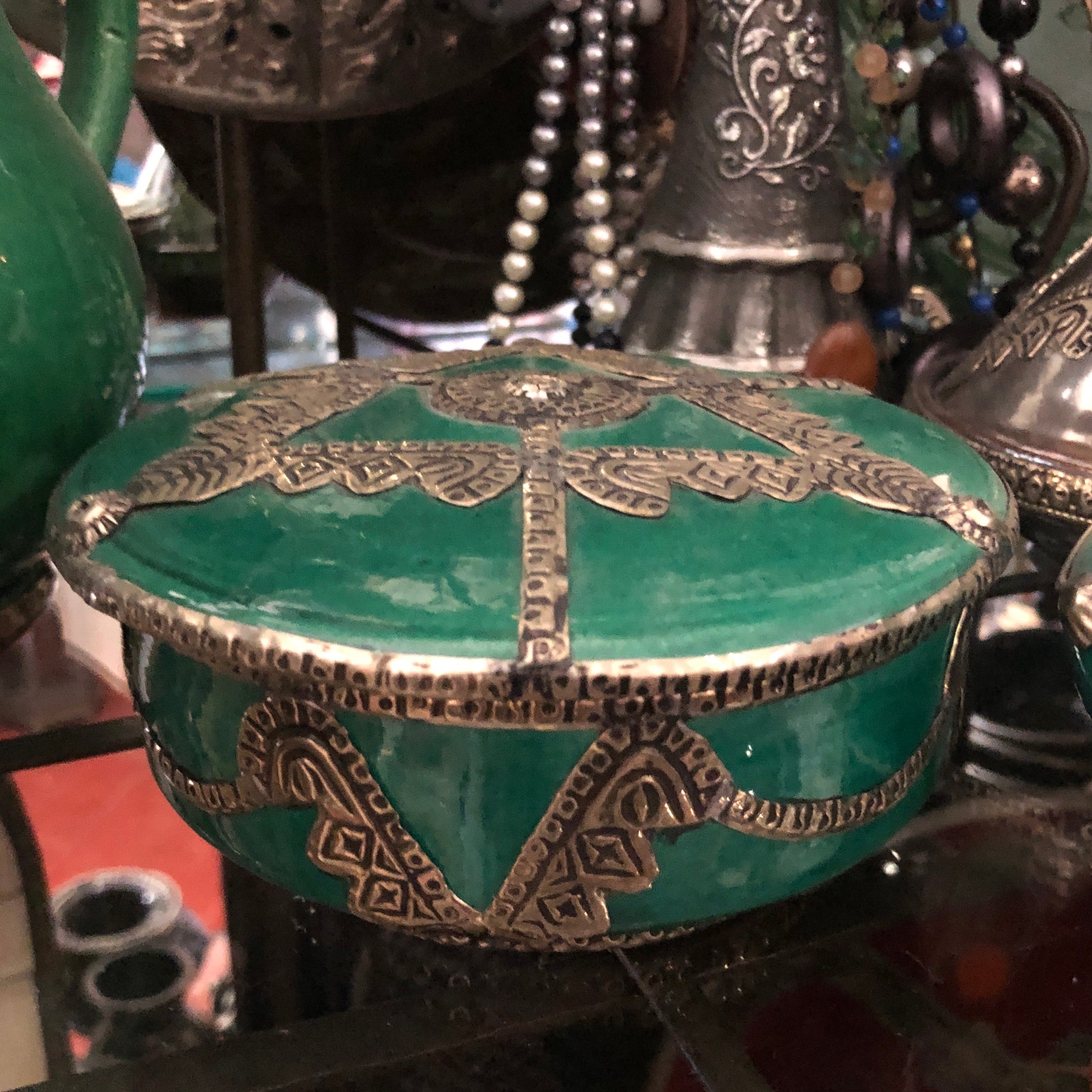 Safi Box with Lid with Silver Nickel Embellishments in Sea Green