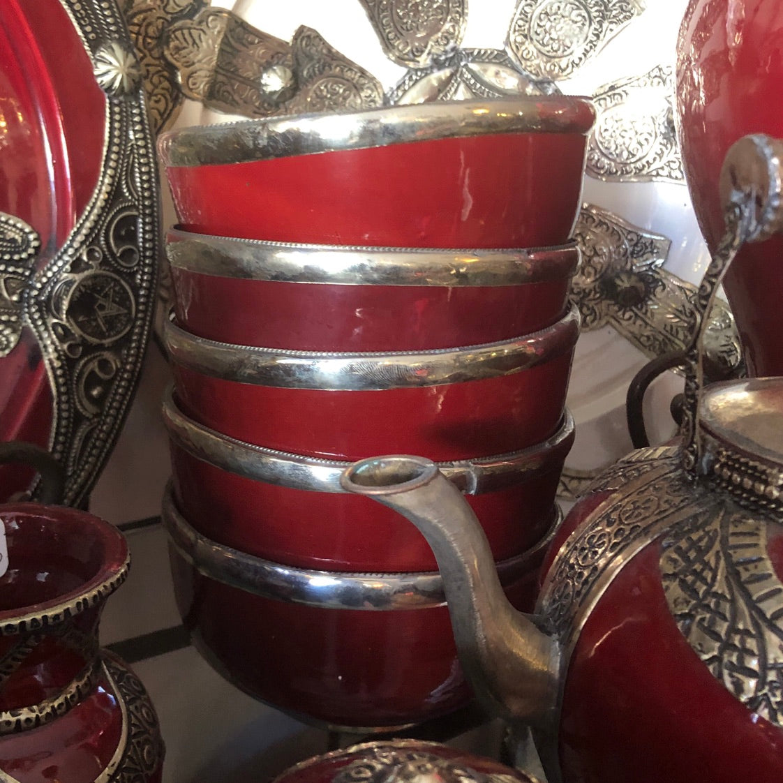 Fez Bowl with Silver Edging in Red - Set of 2