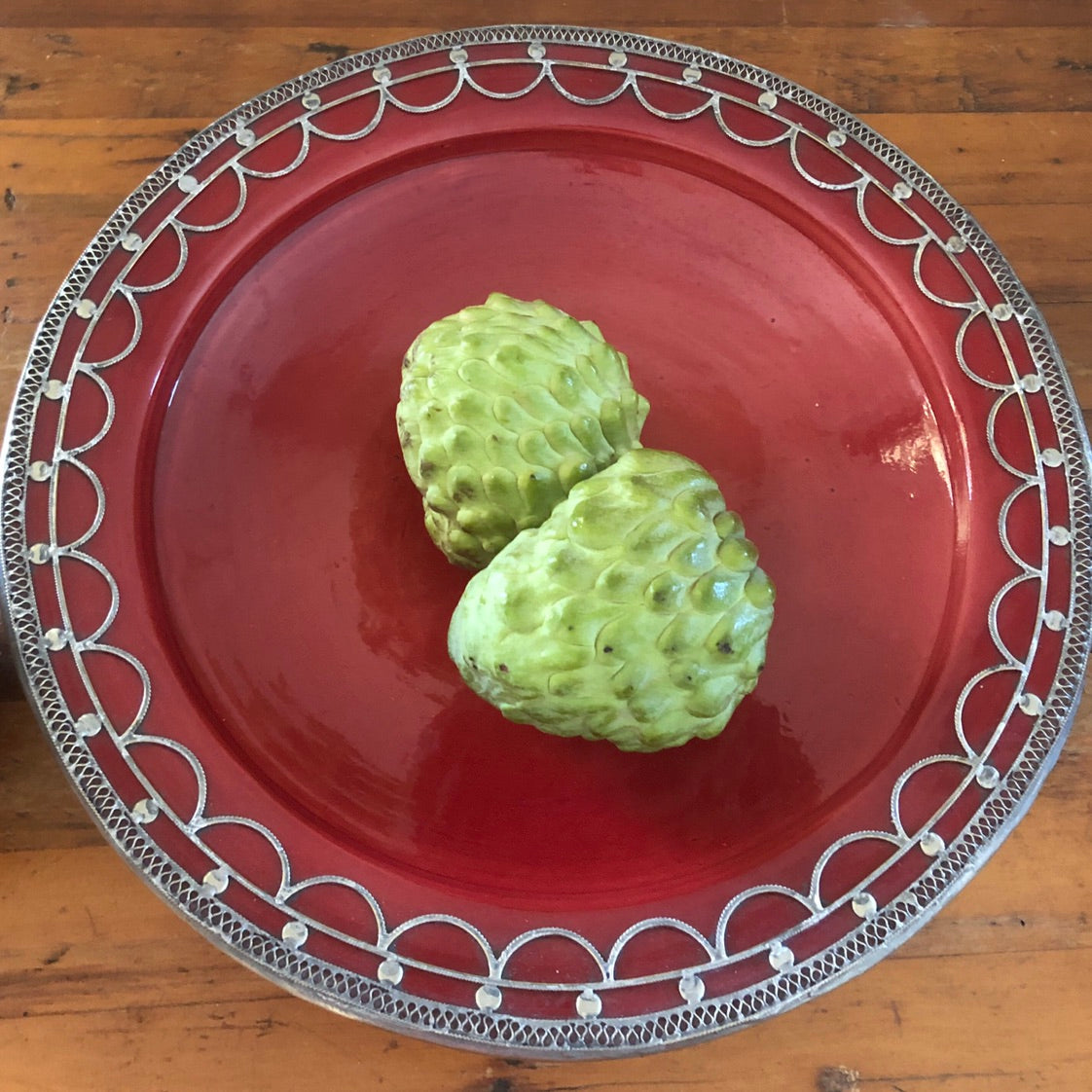 Safi Large Shallow Bowl with Silver Nickel Embellishments in Red