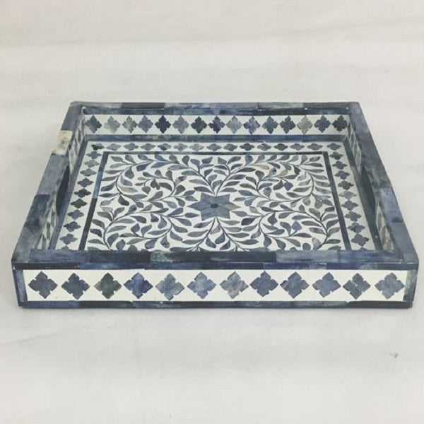 Bone Inlay Rectangular Tray in Floral/Denim