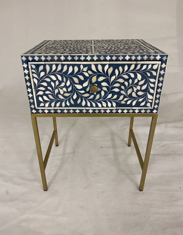 Bone Inlay Lori Bedside Table with Brass Legs in Blue