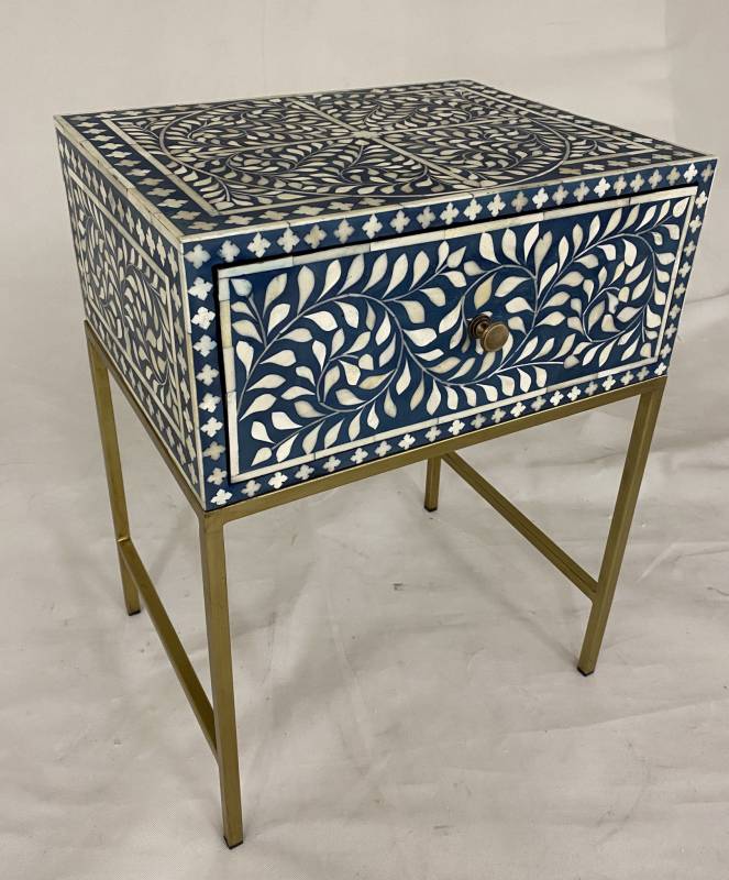 Bone Inlay Lori Bedside Table with Brass Legs in Blue