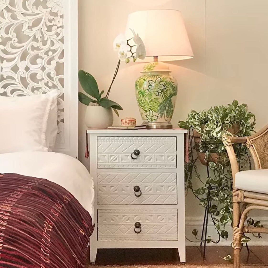 Carved Square Cutout Bedhead in White