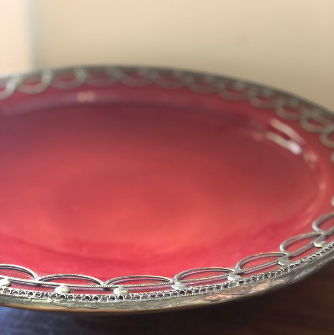 Safi Large Shallow Bowl with Silver Nickel Embellishments in Red