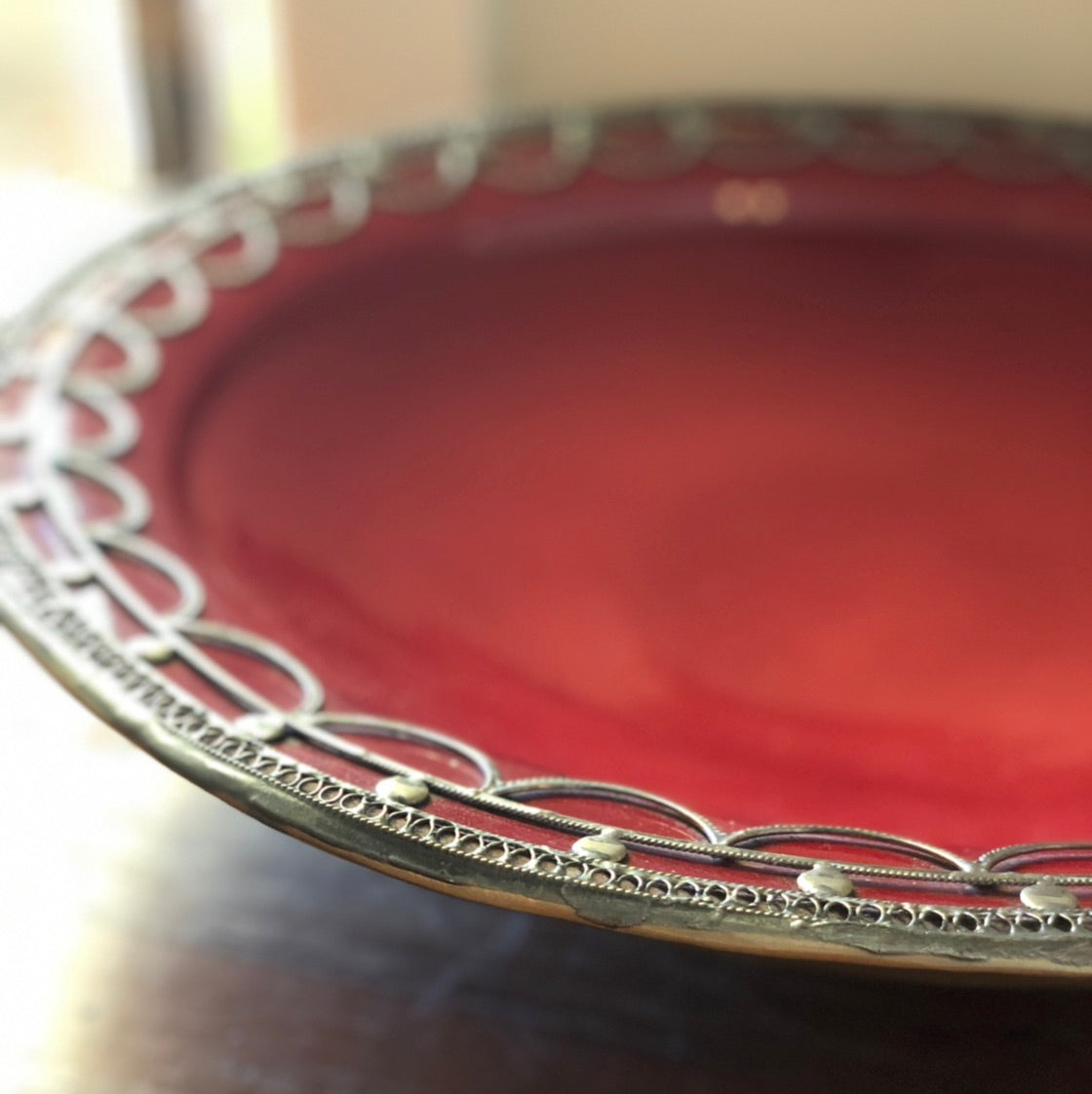 Safi Large Shallow Bowl with Silver Nickel Embellishments in Red
