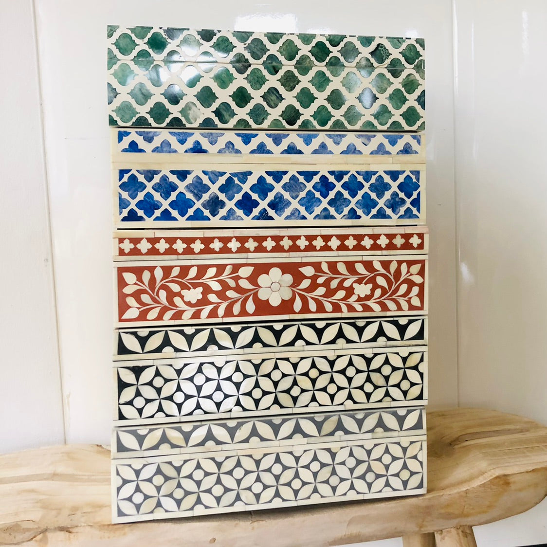 Zohi Interiors Signature Collection : Bone Inlay Box in Quatrefoil/Blue