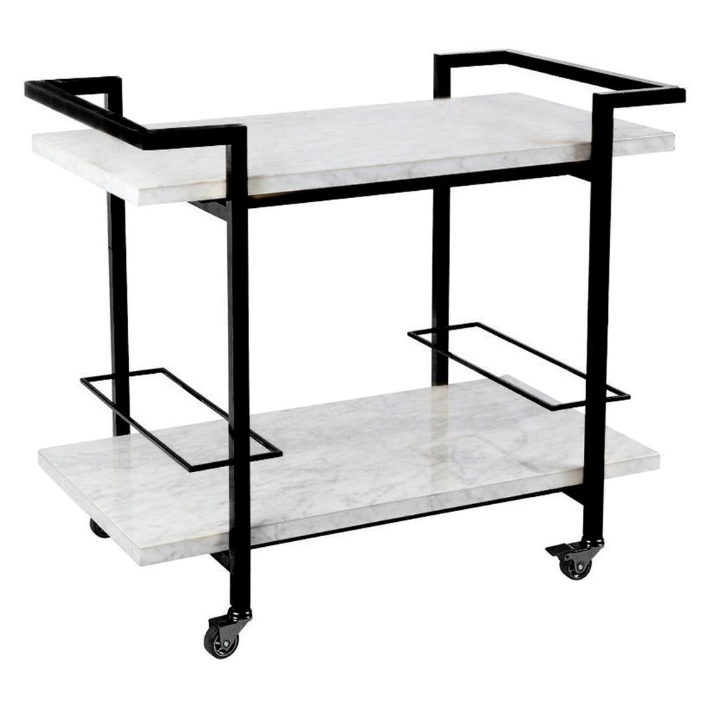 Franklin White Marble Bar Cart in Black