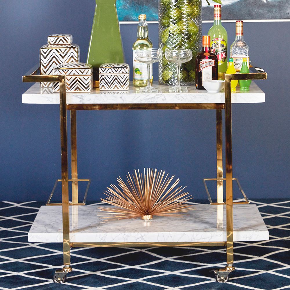 Franklin White Marble Bar Cart in Gold