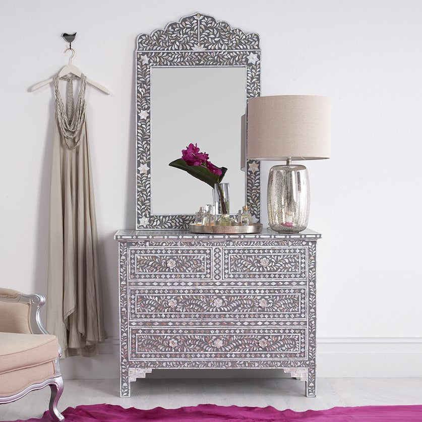 Mother of Pearl Inlay 4 Drawer Chest in Grey