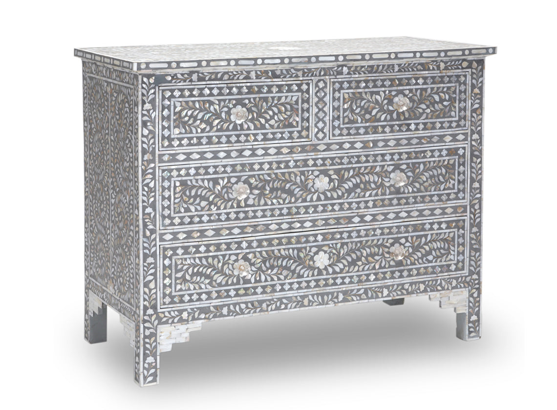 Mother of Pearl Inlay 4 Drawer Chest in Grey