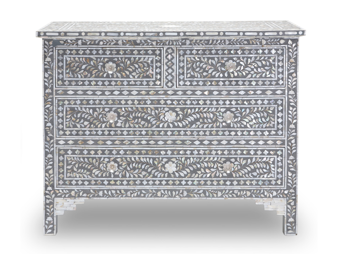 Mother of Pearl Inlay 4 Drawer Chest in Grey