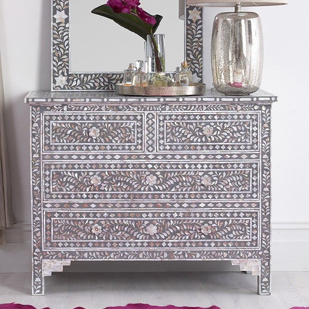 Mother of Pearl Inlay 4 Drawer Chest in Grey